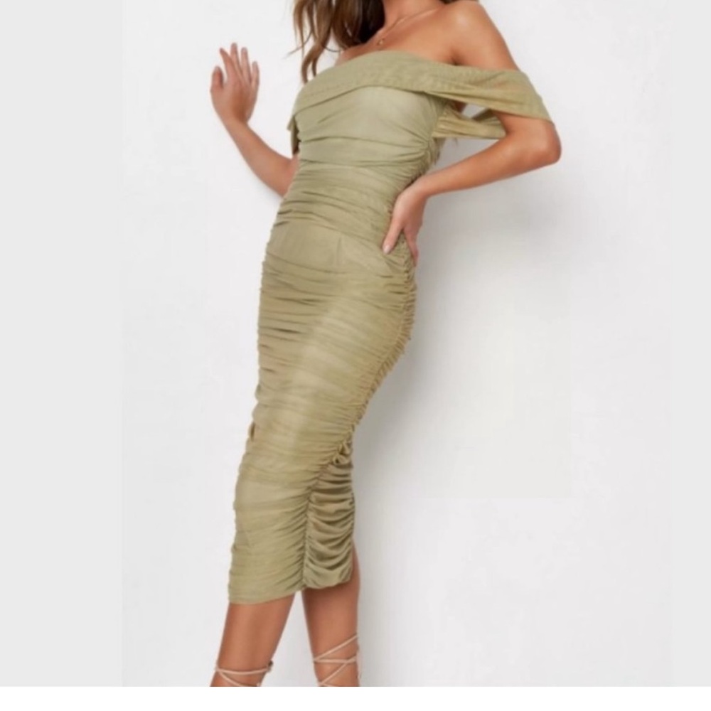 Missguided Sage Green Ruched Bardot Dress. Size US 6 Worn Once